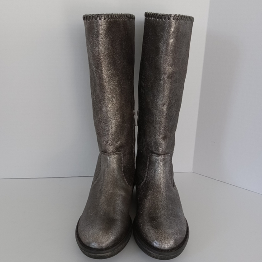 TRASK ARIANA Silver Shearling Lined Leather Boots Women's Size 7